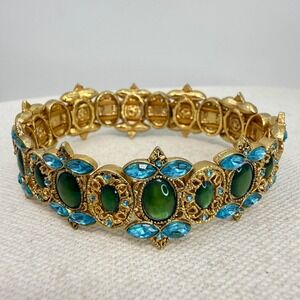 Laila Rowe Stretch Bracelet Green Cabochon Blue Rhinestone Ornate Gold Tone